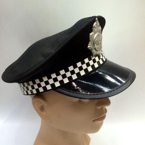 黑色pc警察帽子黑白小方格子带子警长帽子外贸出口各类pc警察帽子